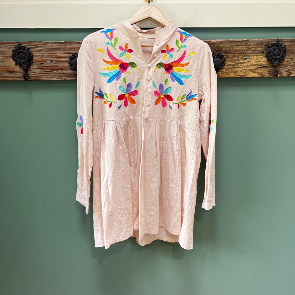 Embroidered Hummingbird Floral Boho Tunic Top Peach Pink Long Sleeve Medium